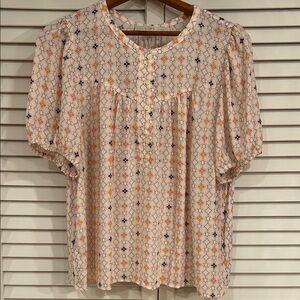 LOFT Women's Blouse w/Geo Pattern - Cream, Black, Orange -soft, flowing style